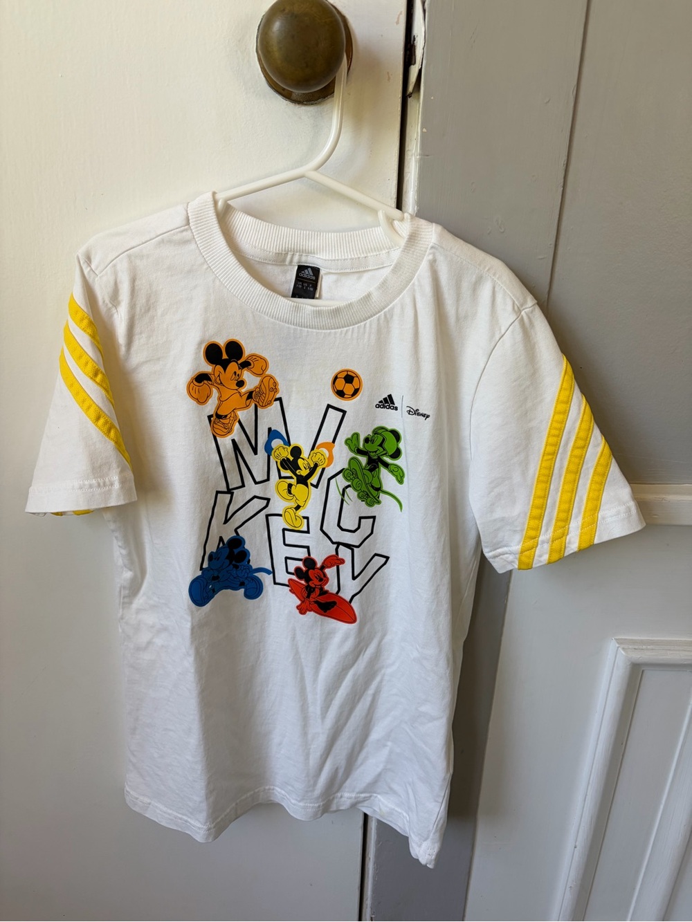White Mickey Mouse Adidas Graphic Tee with Yellow Stripes